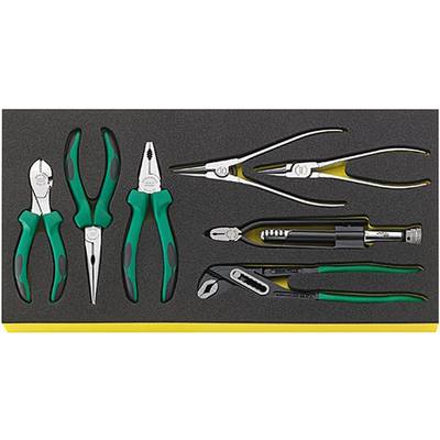 Tool set in foam insert, containing various pliers and screwdrivers with green handles, arranged in a rectangular box.