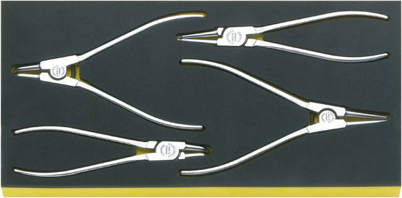 Three metallic pliers with curved handles in a foam holder, which can be used for craftwork.