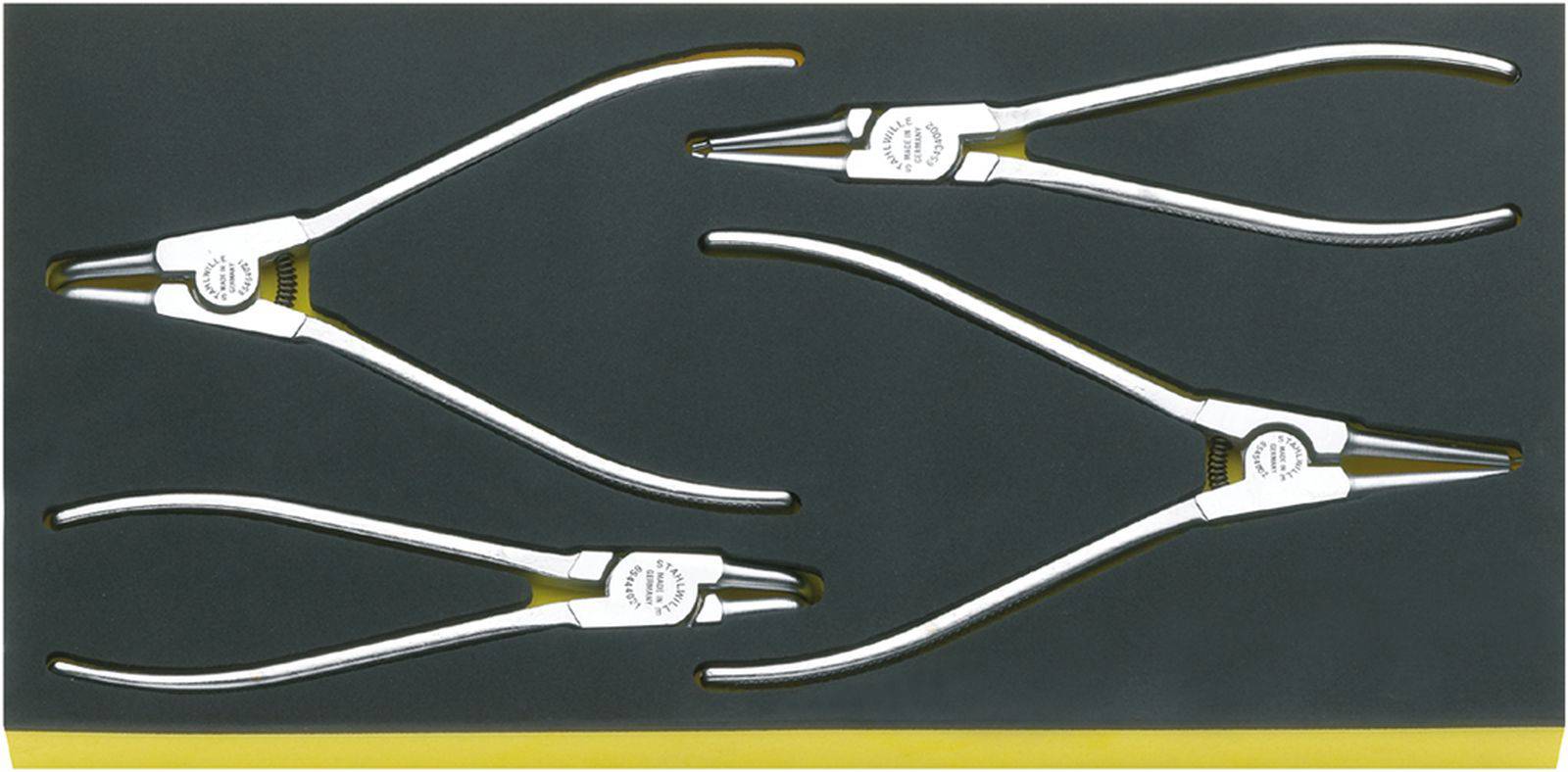 Three different silver pliers in a package. Each pair of pliers has a unique head designed for specific tasks.
