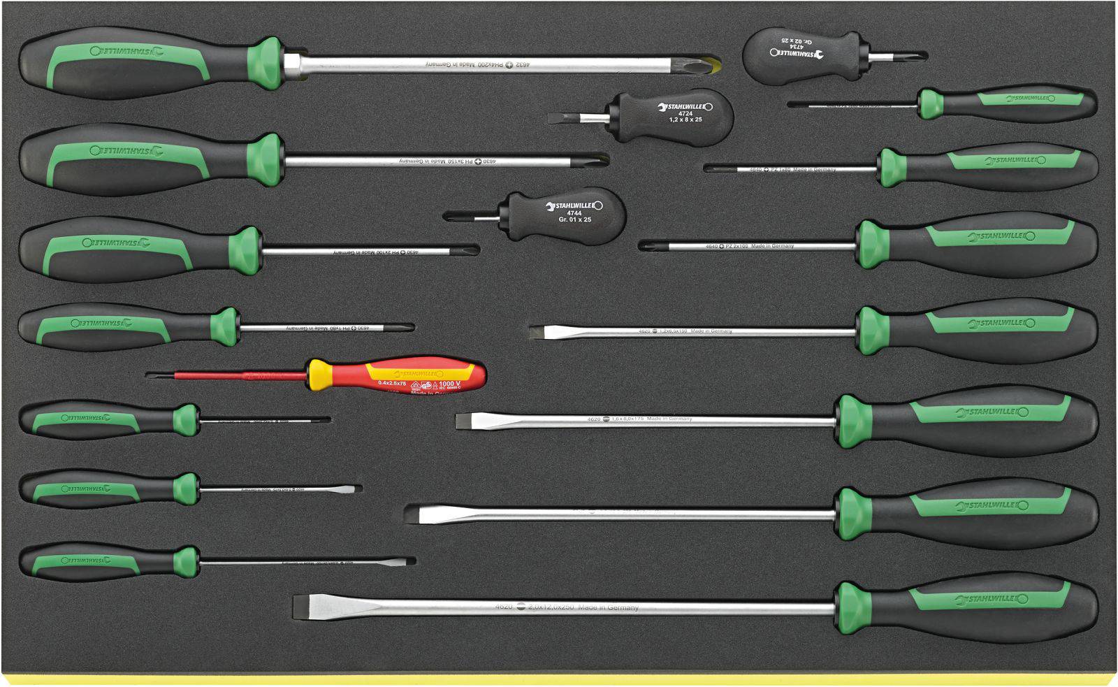 Set of screwdrivers in foam insert, various sizes and shapes, green handles with black accents, for tool organisation.
