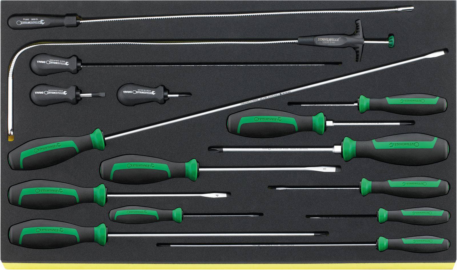 A set of screwdrivers with various handles and blade shapes, neatly arranged in a black insert. Ideal for versatile screw-related tasks.
