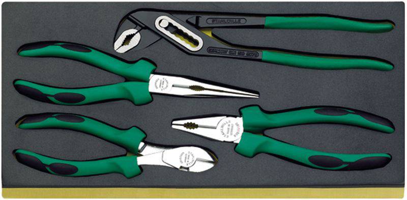Set consisting of three green pliers on a black background. At the top, a water pump pliers and underneath two combination pliers.