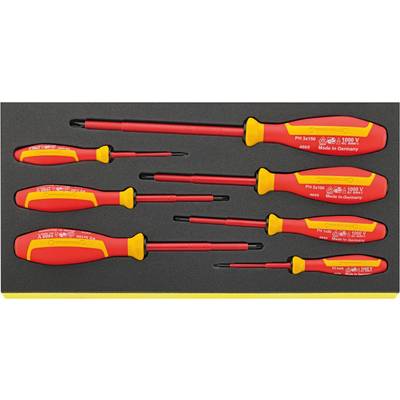 A set of nine isolated screwdrivers in a foam holder, with blades of varying sizes, featuring red and yellow handles.
