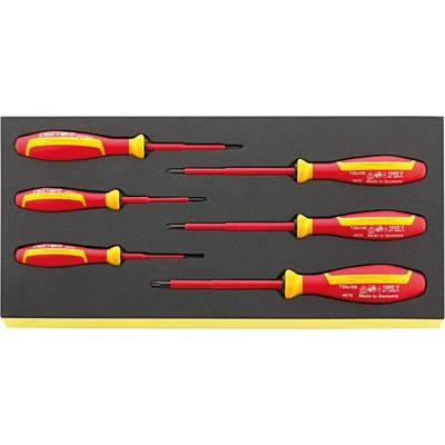 Six screwdrivers with red and yellow handles, arranged in a box. Different sizes and lengths for versatile use.