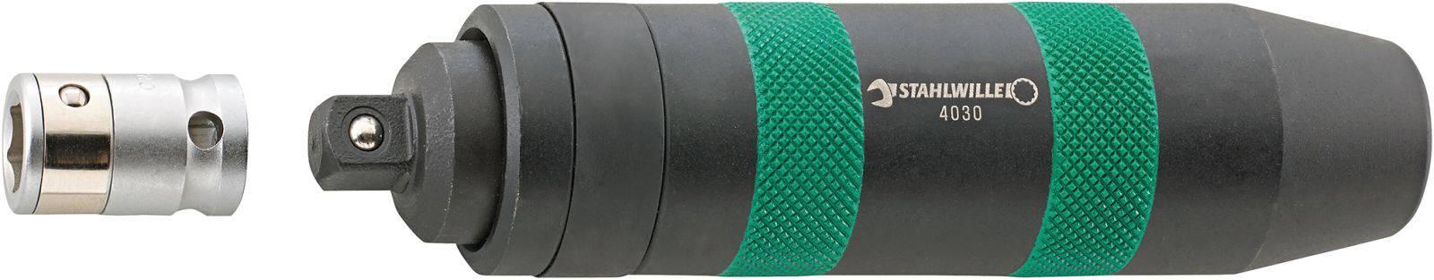 Torque wrench with green handle and adapter attachment, suitable for precise tightening of screws in mechanical applications.