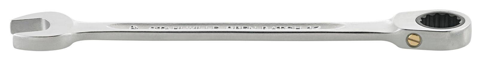 Metal spanner with open and closed ends.