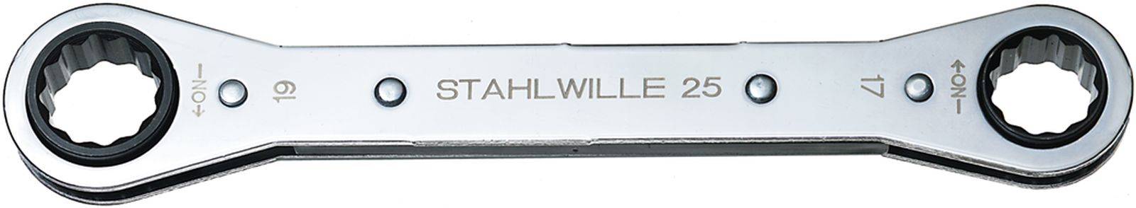 Double ring spanner with digits '19' and '17' on the ends, brand name 'Stahlwille 25' in the middle, for securing nuts.