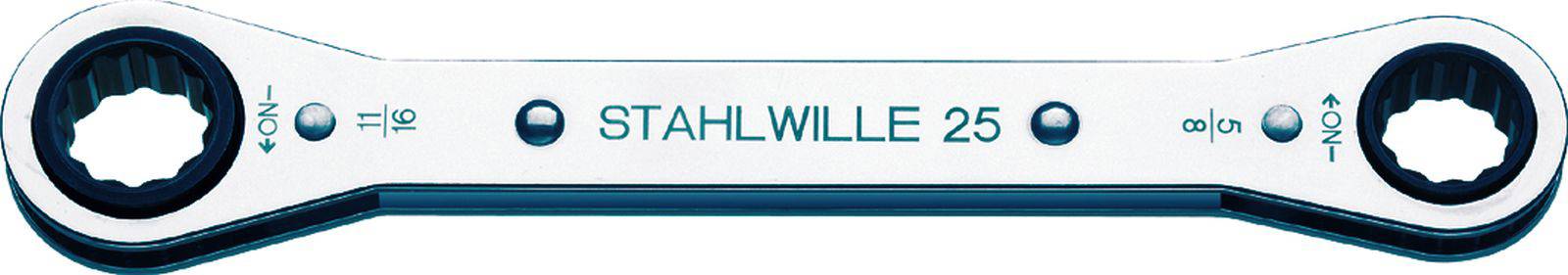 A silver ring key with four openings, each with arrows for adjusting torque settings. Text 'STAHLWILLE 25'.
