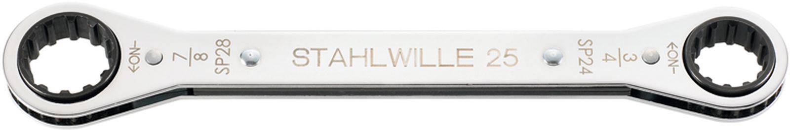 A double ring spanner made of metal with an embossed inscription 'STAHLWILLE 25'. Different bolt head sizes are located at each end.