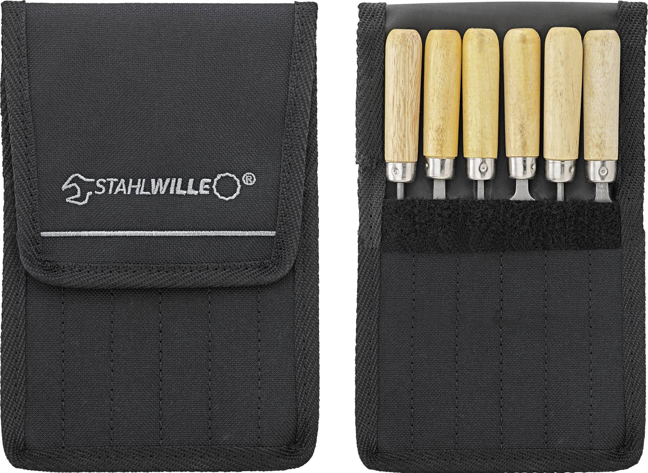 A black case containing six small tools with wooden handles, all arranged side by side. The 'Stahlwille' brand is visible on the outside.