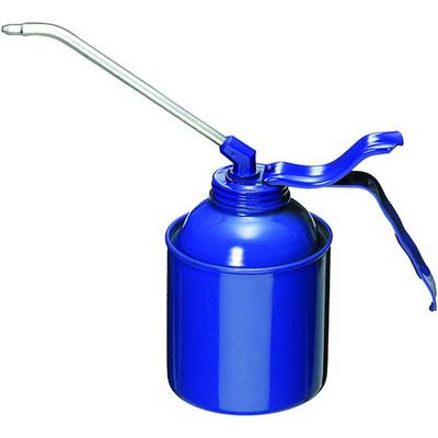 Blue oil can with long metal spout and lever handle, used for precise lubrication of hard-to-reach areas.