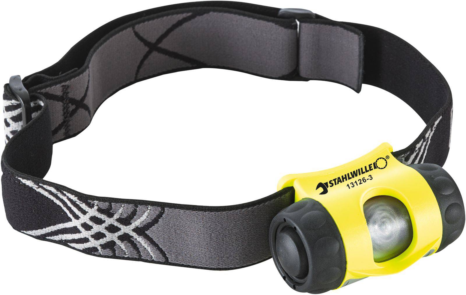 Head torch with a yellow casing and black, adjustable headband. Brand name visible on the lamp.