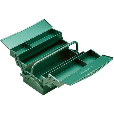 An open, green metal toolbox with multiple compartments and two hinged handles.