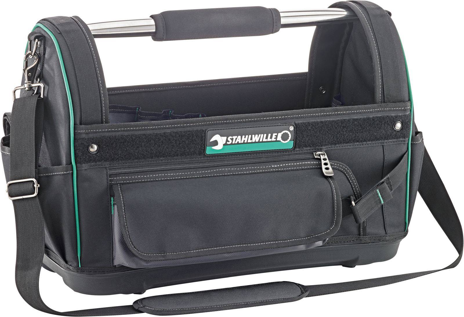 A black tool bag with a shoulder strap and carrying handle. It has multiple pockets and a 'Stahlwille' logo on the front.