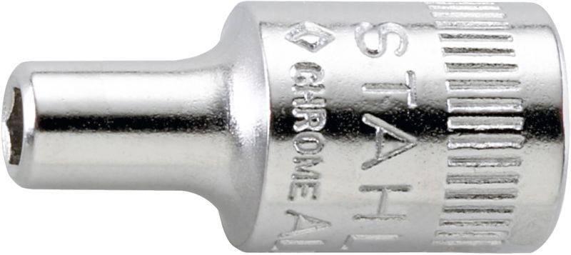Metal hexagonal socket wrench in silver with embossed text 'STAH' and 'CHROME', knurled edge for improved grip.