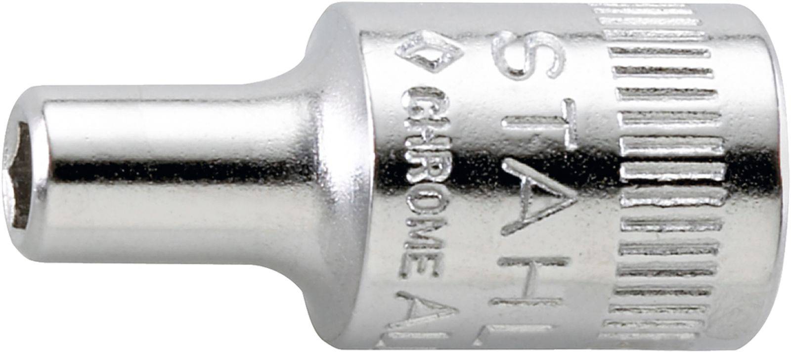 Chrome socket insert with cylindrical form and knurled handle, engraved with 'STAHL' for improved grip and identification.