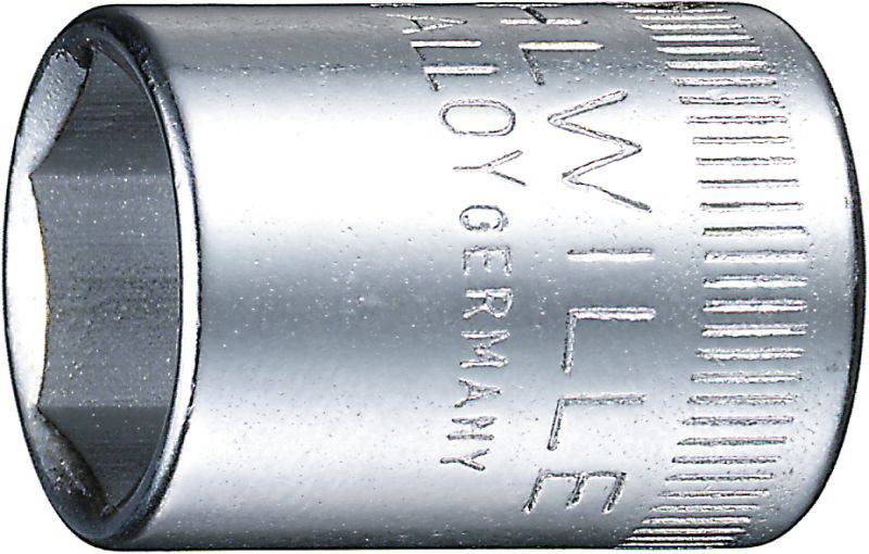 Metal socket nut, cylindrical shape, shiny, with 'WILLE ALLOY GERMANY' imprint on the side.