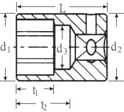 Technical drawing of a component with dimensions l1, l2, and d3. Representation shows side view with hatching and geometric details.