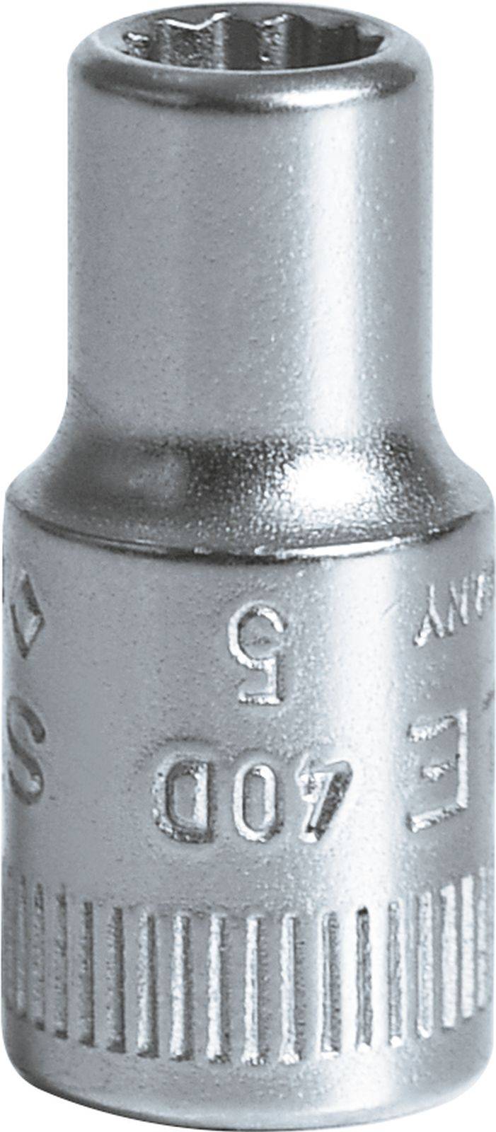 Metallic socket, cylindrical in shape, silver-coloured, with a ribbed grip area and embossed size markings along the side.