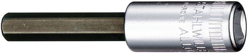 A silver-coloured socket extension with a long, hexagonal insert for use with a spanner.