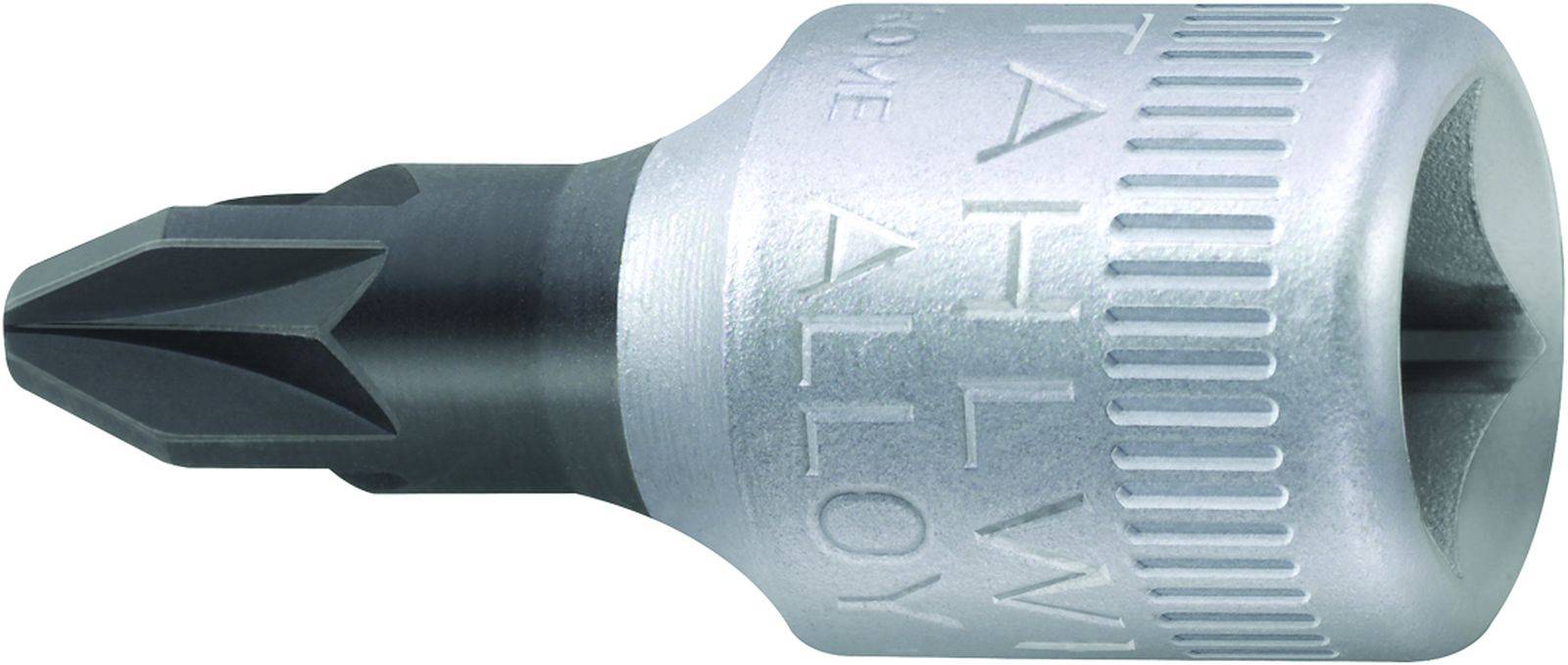 Metal screwdriver bit in close-up, showing the tip and the knurled handle for better grip.