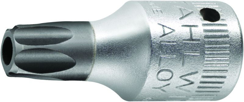 A silver-coloured bit attachment for Torx profile screws, used for precisely tightening or loosening screws.