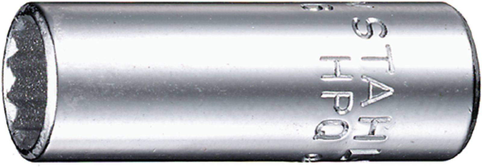 Cylindrical metal socket insert with a polished surface and embossed markings on the side.