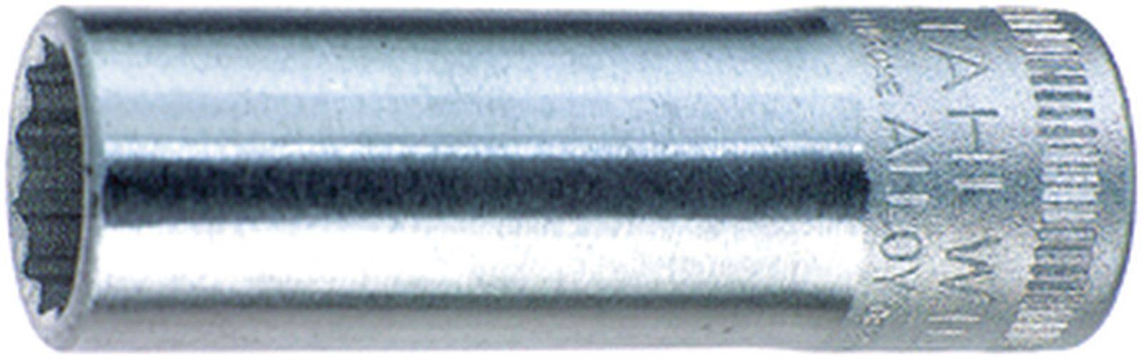 Metal socket drive, cylindrical in shape, with a knurled end, used for screw work with socket drive system.