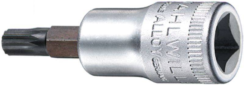 A silver Torx socket key adapter in close-up. It has a knurled edge and is made from an alloy metal.