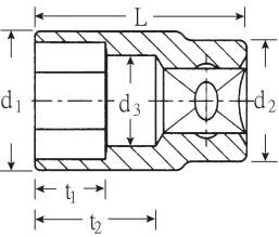 Technical drawing of a component with marked dimensions: L, t1, t2, d3. Cross-section and details of the internal design are visible.
