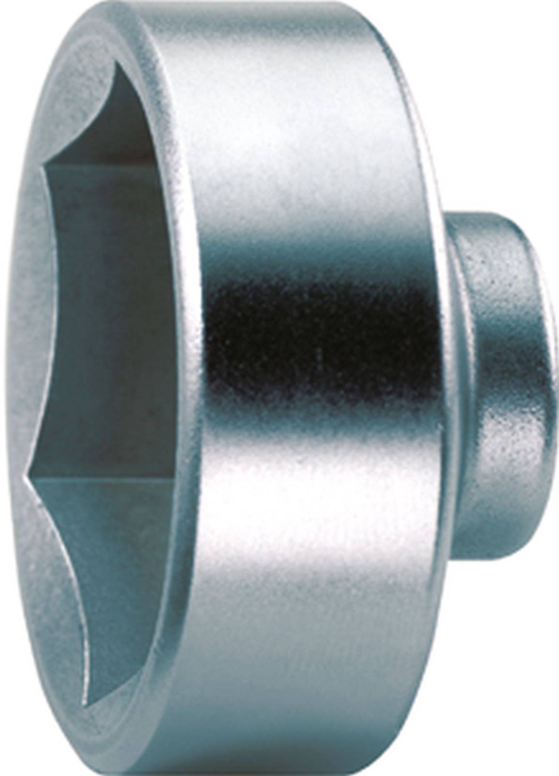 A silver metal attachment with a hexagonal opening, likely a socket key, for use with screws or nuts.