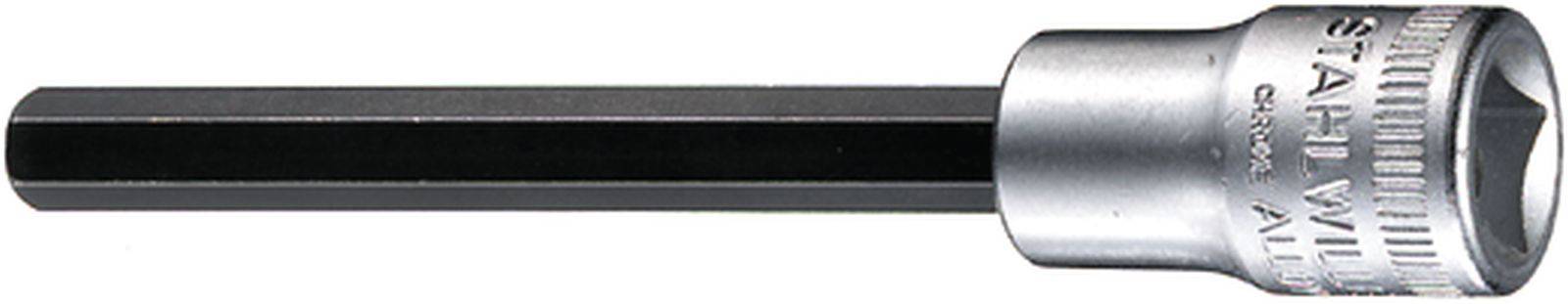 A hexagonal bit with socket key, suitable for hand or electric tools. Silver-coloured metal with distinguishable imprint.