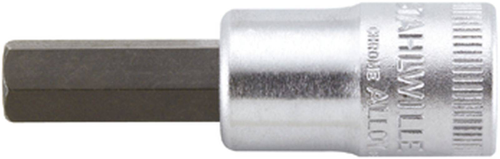 Hexagonal chrome-plated metal bit socket, stamped with brand name and alloy details, used for securing screws.