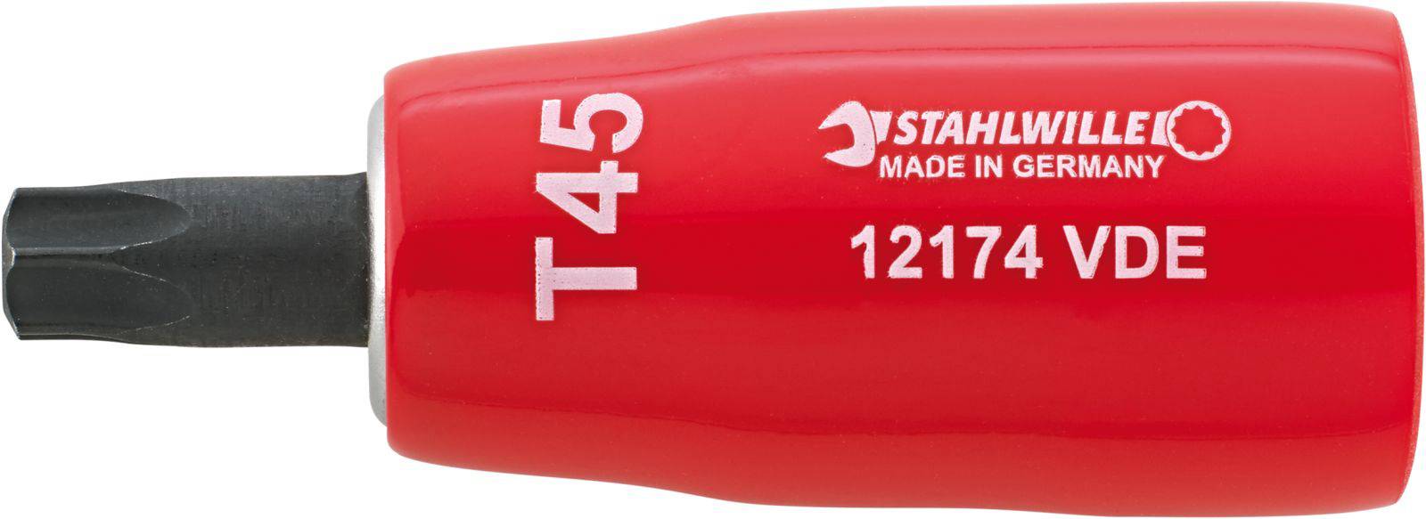 Red VDE screwdriver head with the inscription 'T45', 'STAHLWILLE MADE IN GERMANY', '12174 VDE'.