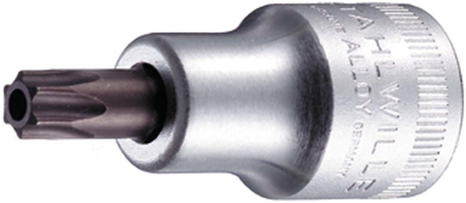 Torx bit in a socket, suitable for automotive tools. Primarily used for fastening screws with a Torx profile.