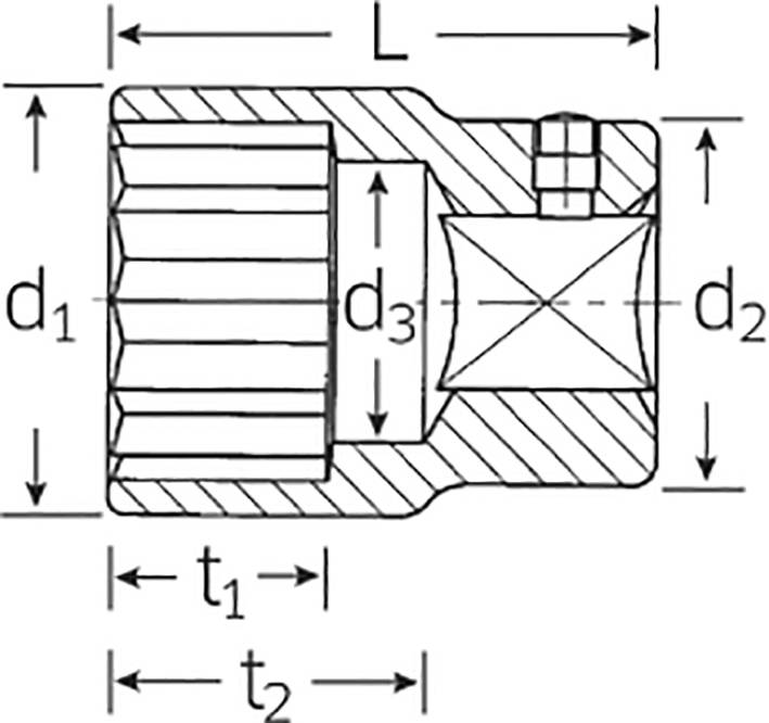 Technical drawing of a mechanical component with dimensions: L, d1, d2, d3, t1, t2. Cross-sectional view with internal toothed profile.