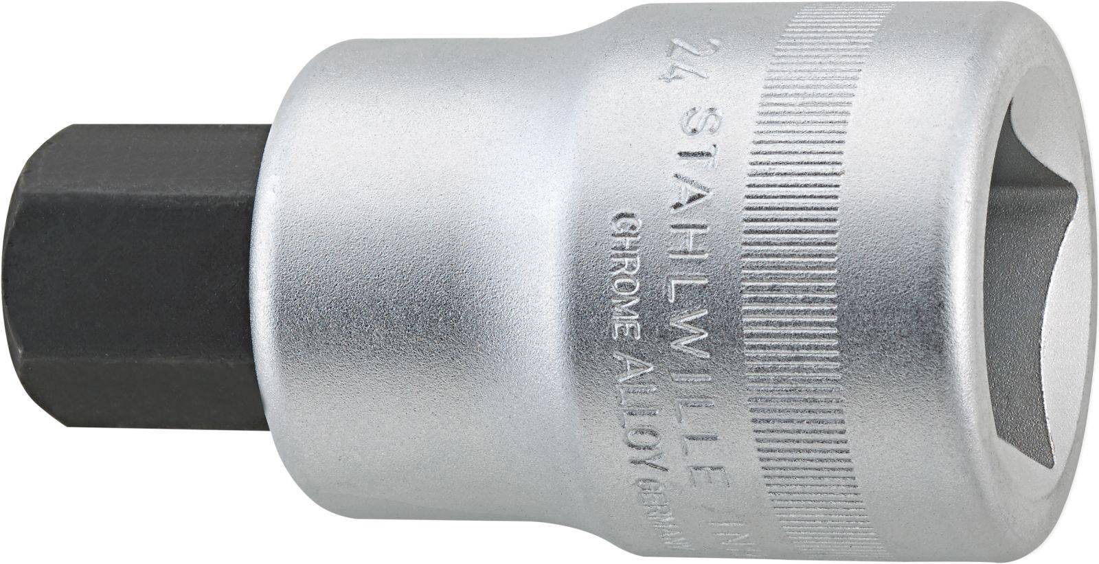 Metallic socket with hexagonal internal profile and square drive. Markings: 'STAHLWILLE', 'CHROME ALLOY'.