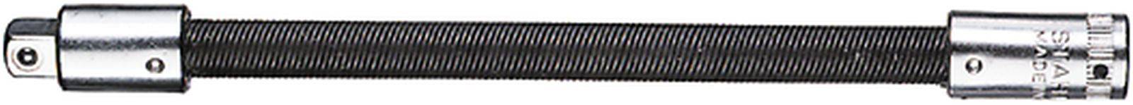 A black, flexible metal hose with silver connectors at both ends. The left connector has a square opening.