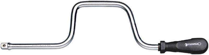 A chrome-plated hand crank key with a black plastic handle, suitable for manually turning screws or bolts.