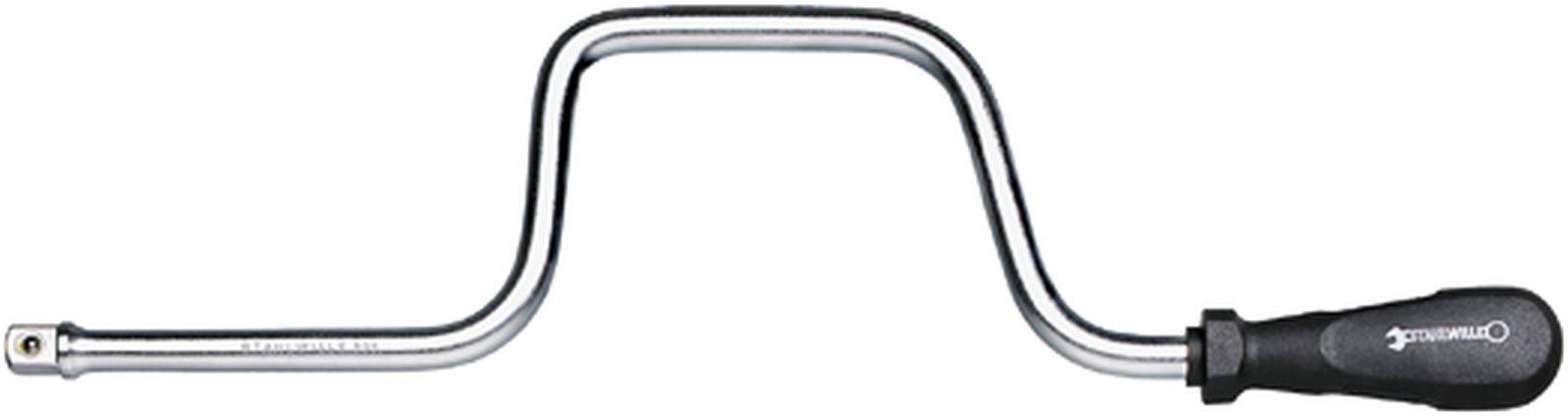 A crank handle with a black ergonomic grip and a U-shaped metal rod, commonly used for tightening or loosening screws.