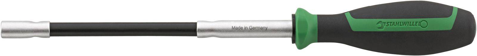 Screwdriver with a green and black handle and metal tip, suitable for tightening or loosening screws.