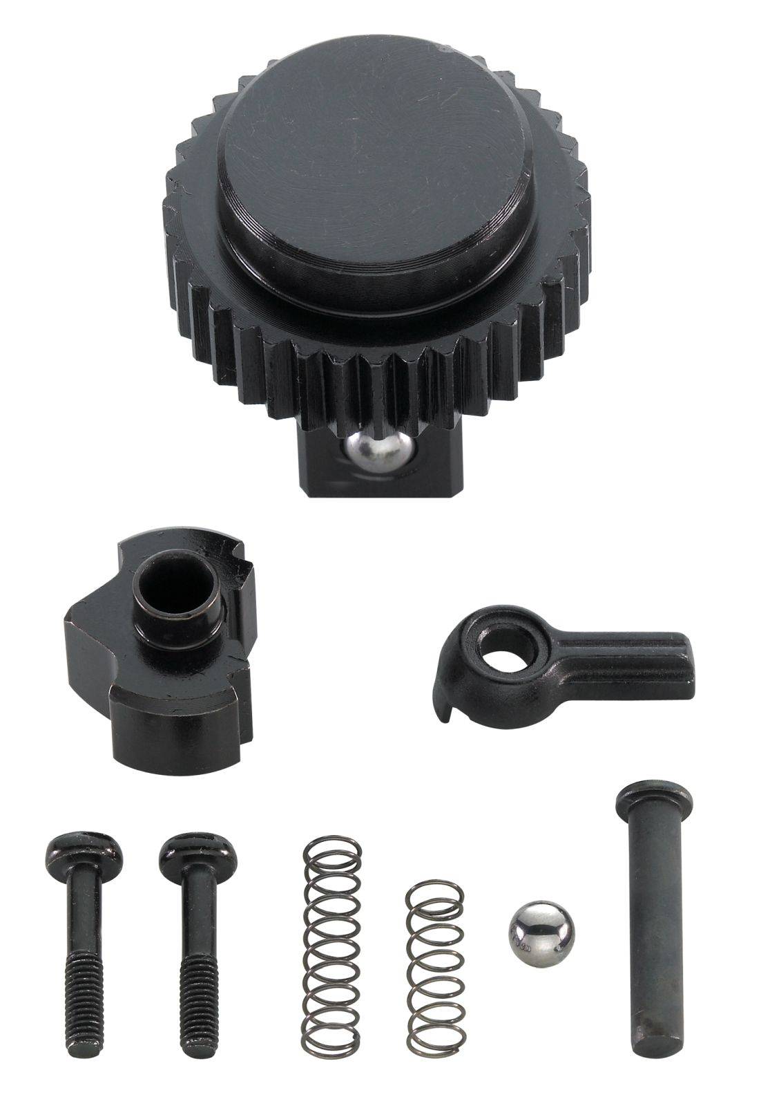 Black-coloured gear wheels, screws and springs, which are part of a mechanical construction kit.