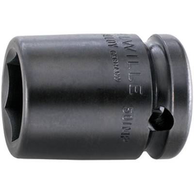 A black metal hydraulic socket with a hexagonal end and side inscription. Used for machine maintenance.