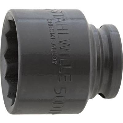 Black socket wrench nut with the inscription 'STAHLWILLE 50 mm'. It is manufactured from chromium alloy and has a deep profile.