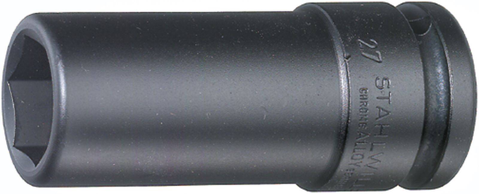 A black socket nut with a hexagonal internal form, suitable for mechanical work. Manufactured from chrome alloy, size 27 mm.
