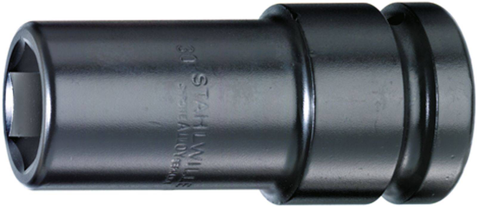 A black socket for an impact driver, cylindrical in shape, with an embossed inscription indicating the size.