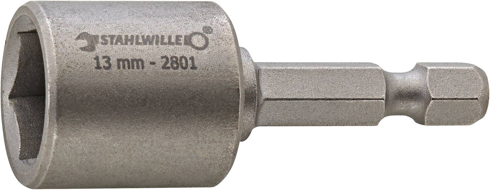 Six-sided hexagonal socket wrench insert by 'STAHLWILLE', 13 mm size, Model 2801, mounted on a rotatable shaft prepared for machine drive.