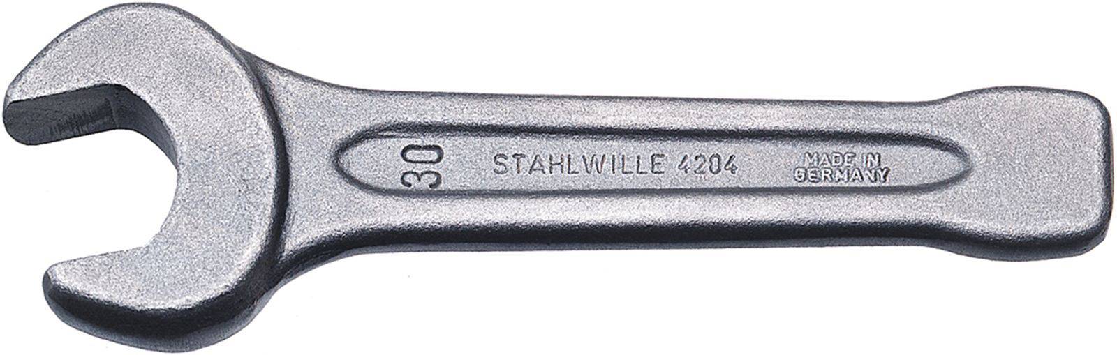 A silver adjustable spanner with the engraving 'STAHLWILLE 4204', '30', and 'MADE IN GERMANY'. The spanner has an open-ended jaw.