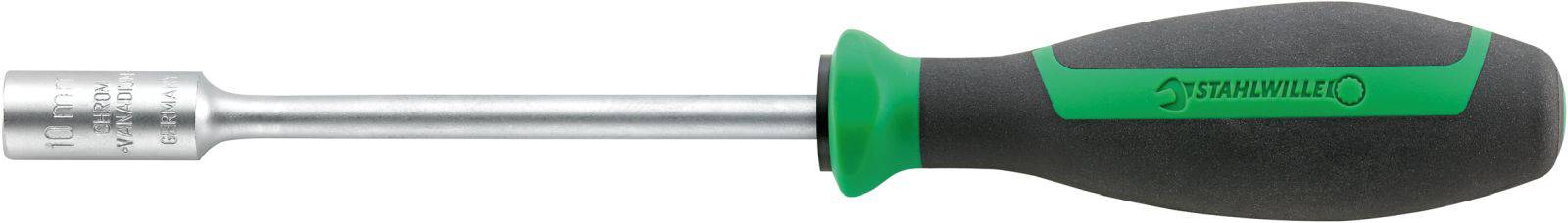 Six-sided hex screwdriver with a green and black handle and silver metal shaft, by the brand Wera.