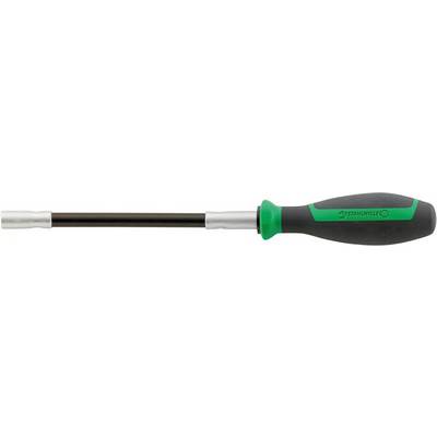 A screwdriver with an ergonomic handle in green and black. The shaft is metallic and straight.